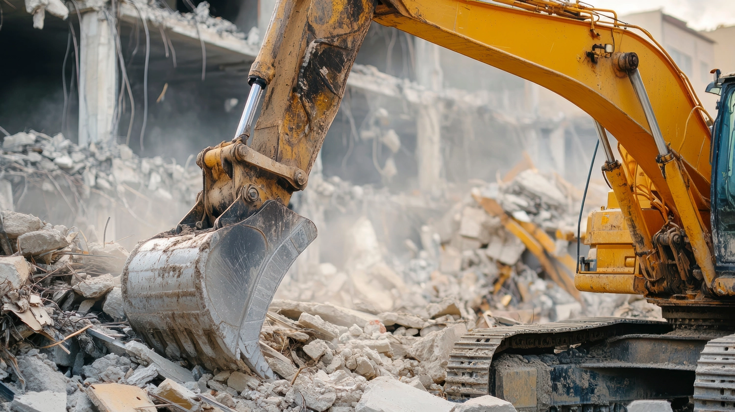 MS Management – Management – Bagger reißt ein Gebäude ab, Schutt und Staub.