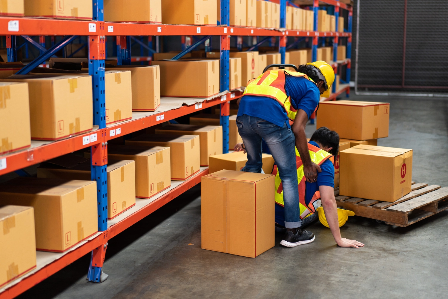 MS Management – ​​Management – ​​Arbeitsunfall in einem Lager, ein Arbeiter hilft einem verletzten Kollegen am Boden.