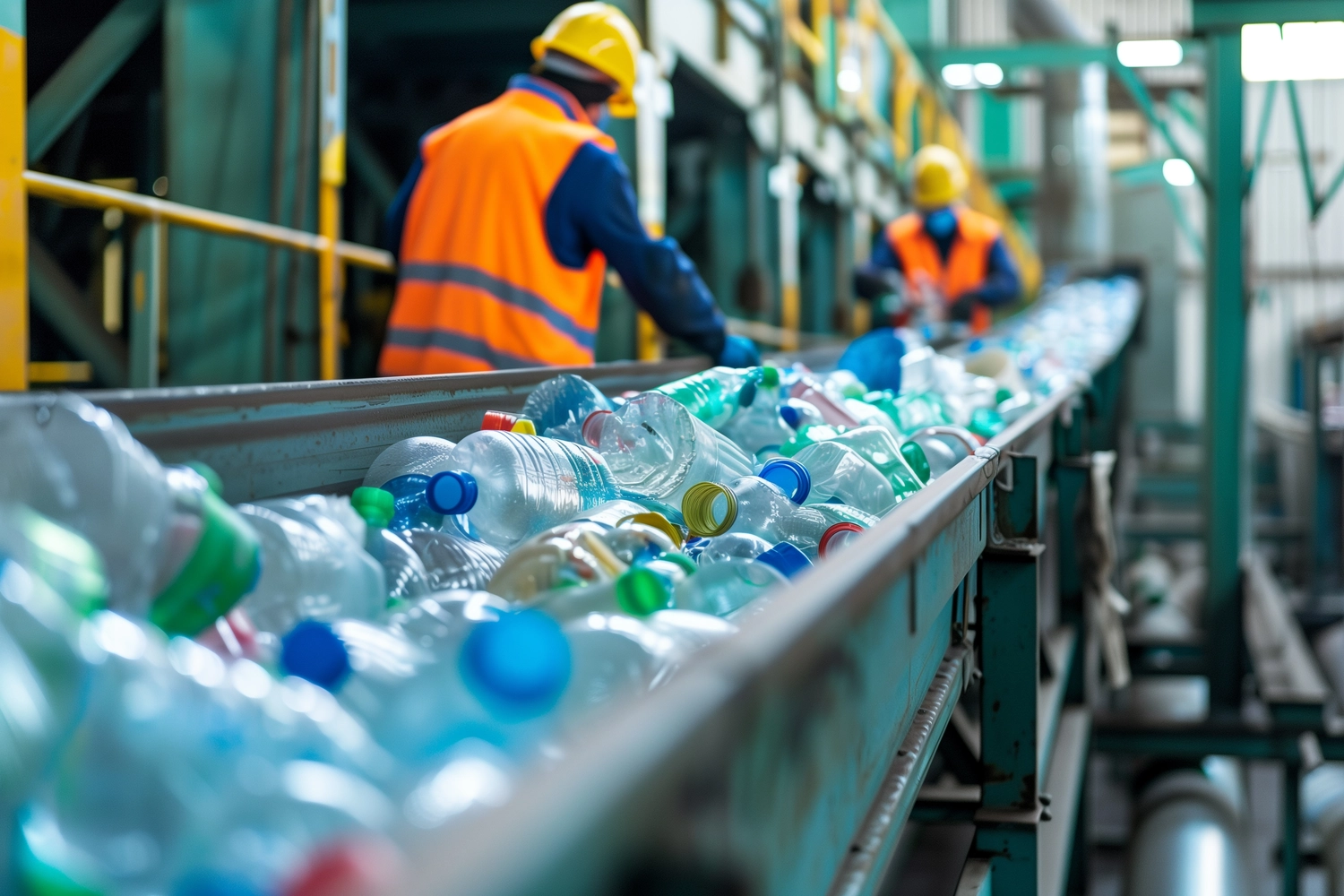 MS Management – Management – Arbeiter an einem Förderband zum Recyceln und Sortieren von Plastikflaschen in einer modernen Fabrik