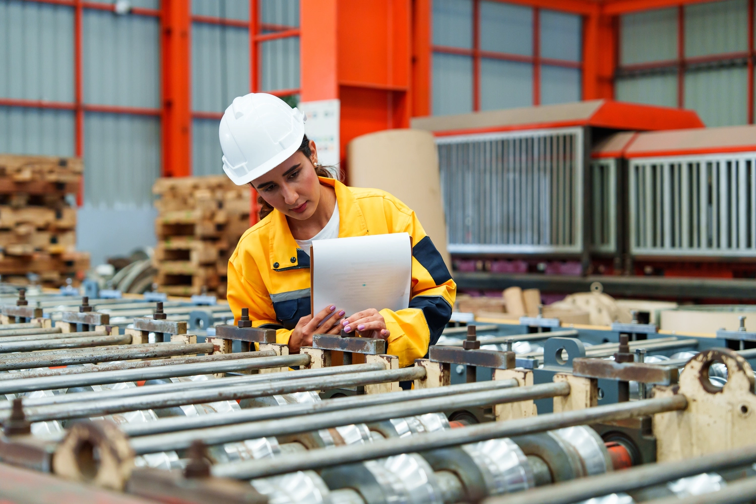 MS Management – ​​Management – ​​Industriearbeiter überwachen den Bestand an Metallblechen neben Holzpaletten in einem Stahlwerk.