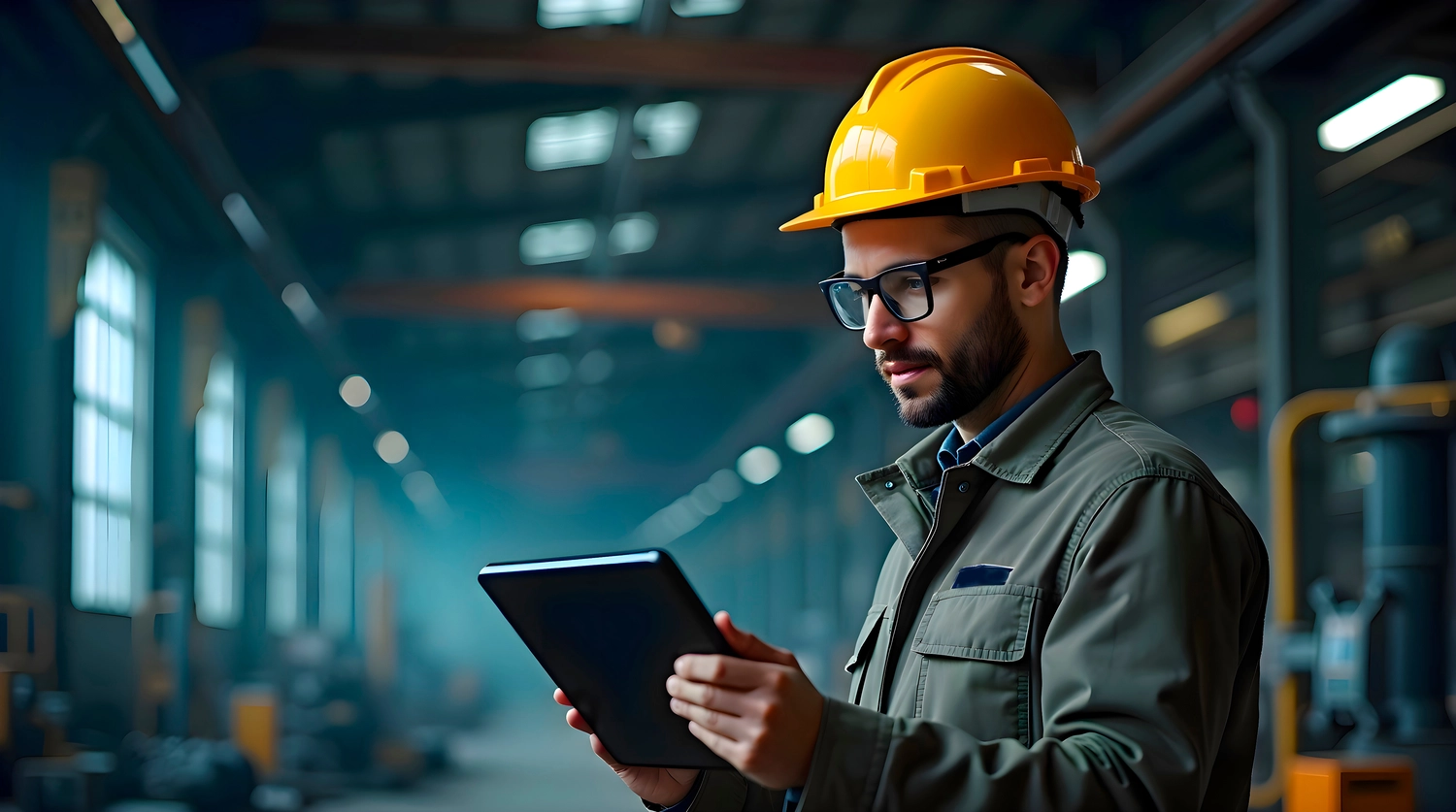 MS Management – ​​Management – ​​Ein Mann mit Schutzhelm und Schutzbrille hält ein Tablet in der Hand und arbeitet in einer industriellen Umgebung mit Maschinen im Hintergrund.